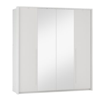 Moderná šatníková skriňa REMA 210 je unikátny nábytok v elegantnom prevedení.  Táto skriňa má výnimočné a netypické otváranie dverí (viď. obrázok) s využitím väčších nenápadných rukovätí v striebornej farbe. Zalomenie dverí využíva kvalitné kovanie HETTICH.Stabilná konštrukcia tvorí základ skrine. Dvere sú členené a  vyrobené z 4 častí. Stredové 2 časti majú zrkadlo. Skriňa je doplnená efektným osvetlením, ktoré je zahrnuté v cene.Skriňa REMA 210 je vyrobená v modernom dizajnovom prevedení v žiadanej bielej farbe.  Svoje využitie nájde v spálni aj  inej miestnosti.  Ponúka dostatočný priestor na uloženie Vášho oblečenia. Úložný priestor je členený na poličkový a vešiakový. Po bokoch skrine sú z každej strany  4 poličky. Stredová časť obsahuje 2 vešiakové tyče.Skriňa je vyrobená z kvalitnej LTD dosky.Rozmery (š/v/h): 209 x 219 x 65 cmDodávame v demonte.