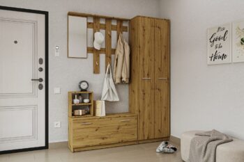 REMO je moderný nábytok do predsiene či chodby. Predsieň je v jednoduchom a modernom prevedení. Je vhodná aj do menších interiérov.Nábytok je vyrobený z LTD dosiek, ktoré sú nenáročné na údržbu. Farebné prevedenie: dub Artisan.Rozmery v/š/h 200 x 160 x 32 cm. V predsieni sú tieto časti:vešiaková stena so zrkadlom - rozmery v/š/h 90 x 100 x 10 cmskrinka na topánky - rozmery v/š/h 46 x 100 x 32 cmregál - rozmery v/š/h 36 x 33 x 20 cmšatníková skriňa - rozmery v/š/h 200 x 60 x 32 cmDodávame v demontovanom stave. 