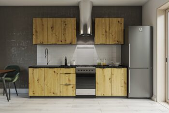 Moderná kuchyňa RENE, ktorá vás zaujme svojim praktickým a zároveň štýlovým prevedením. Je vhodná do moderných interiérov. Disponuje množstvom úložného priestoru.Výška horných skriniek: 72 cm. Hĺbka: 30/32 cm. Výška dolných skriniek: 82 cm. Hĺbka: 46 cm.Sokel nie je v cene zostavy.Rozmery zostavy (š,h): 200 x 48 cm.Kuchynské skrinky sú vyrobené z kvalitných LTD dosiek. Ich údržba je nenáročná. Korpus je vo farbe grafit. Dvierka sú vo farbe dub Artisan. Úchyty sú kovové, v čiernej farbe. Sú súčasťou zostavy.Horné skrinky majú v cene regulovateľné závesy. Ku každej hornej skrinke sa zároveň dodávajú 2 ks 10 cm závesnej lišty. Nedelenú závesnú lištu pre jednoduchšiu montáž je možné doobjednať.Kuchynská zostava je zložená z týchto prvkov:drezová kuchynská skrinka 80 cm, zásuvkoká kuchynská skrinka 40 cm, dvojdverová kuchynská skrinka 80 cm, 2 x horná dvojdverová skrinka 80 cm, horná jednodverová skrinka 40 cmDrez a pracovnú dosku je potrebné dokúpiť, spotrebiče nie sú súčasťou kuchynskej linky. Kuchyňu je možné zakúpiť iba ako zostavu. Dodávame v demontovanom stave.