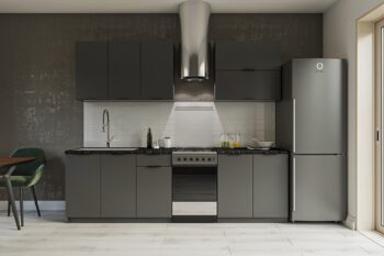 Moderná kuchyňa RENE, ktorá vás zaujme svojim praktickým a zároveň štýlovým prevedením. Je vhodná do moderných interiérov. Disponuje množstvom úložného priestoru.Výška horných skriniek: 72 cm. Hĺbka: 30/32 cm. Výška dolných skriniek: 82 cm. Hĺbka: 46 cm.Sokel nie je v cene zostavy.Rozmery zostavy (š,h): 200 x 48 cm.Kuchynské skrinky sú vyrobené z kvalitných LTD dosiek. Ich údržba je nenáročná. Korpus je v sivej. Dvierka sú vo farbe grafit. Úchyty sú kovové, v čiernej farbe. Sú súčasťou zostavy.Horné skrinky majú v cene regulovateľné závesy. Ku každej hornej skrinke sa zároveň dodávajú 2 ks 10 cm závesnej lišty. Nedelenú závesnú lištu pre jednoduchšiu montáž je možné doobjednať.Kuchynská zostava je zložená z týchto prvkov:drezová kuchynská skrinka 80 cm, zásuvkoká kuchynská skrinka 40 cm, dvojdverová kuchynská skrinka 80 cm, 2 x horná dvojdverová skrinka 80 cm, horná jednodverová skrinka 40 cmDrez a pracovnú dosku je potrebné dokúpiť, spotrebiče nie sú súčasťou kuchynskej linky. Kuchyňu je možné zakúpiť iba ako zostavu. Dodávame v demontovanom stave.