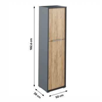 S policovou skriňou RIOMA NEW TYP 08 nikdy nebudete mať núdzu o úložný priestor. Jej rozmery sú (ŠxHxV): 50x38x182,6 cm. Vo vnútri sa nachádzajú štyri police. Zhotovená je z kvalitnej laminovanej DTD (drevotriesková doska) o hrúbke predných dosiek 16 mm a korpusu 22 mm, v nadčasovom farebnom…