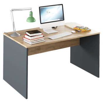 S písacím stolom RIOMA NEW TYP 11 Vám pôjde práca od ruky. Jeho rozmery sú (ŠxHxV): 140x80x76 cm, poskytuje teda dostatok pracovnej plochy. Zhotovený je z kvalitnej laminovanej DTD (drevotriesková doska) o hrúbke korpusu 22 mm, v nadčasovom farebnom prevedení grafit / dub artisan. Stôl je dodávaný…
