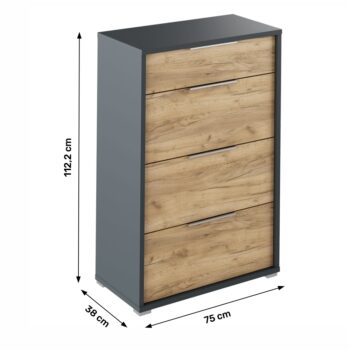 So zásuvkovou komodou RIOMA NEW TYP 22 nikdy nebudete mať núdzu o úložný priestor. Jej rozmery sú (ŠxHxV): 75x38x112,2 cm a jej štyri zásuvky poskytujú množstvo úložného priestoru. Zhotovená je z kvalitnej laminovanej DTD (drevotriesková doska) o hrúbke predných dosiek 16 mm a korpusu 22 mm,…