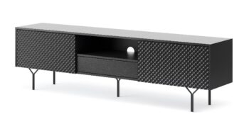 Dizajnový sektor RIVONA dodá Vašej obývacej miestnosti štýl. Pri výrobe sú použité najnovšie trendy v dizajne nábytku a kvalitný materiál. Nábytok je vyrobený z 16mm MDF dosky odolnej voči poškriabaniu. Všetky hrany sektoru sú chránené ABS páskou.Moderný Tv stolík Rivona má po stranách výklopné dvierka, kde si môžete uložiť všetky potrebné veci, v strede je odkladacia polica vhodná napr. na set-top box a pod ňou sa nachádza ešte zásuvka. Disponuje bezúchytovým otváraním dverí, systémom push to open. Moderné nožičky nábytku  sú vyrobené z kovu v čiernej farbe.Materiál: ABS hrany, MDF doska, dvierka s 3D efektomRozmer (ŠxVxH) 180 x 33 x 38 cm Farebné prevedenie : čierny grafitDodávame v demonte.