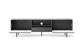 Dizajnový sektor RIVONA dodá Vašej obývacej miestnosti štýl. Pri výrobe sú použité najnovšie trendy v dizajne nábytku a kvalitný materiál. Nábytok je vyrobený z 16mm MDF dosky odolnej voči poškriabaniu. Všetky hrany sektoru sú chránené ABS páskou.Moderný Tv stolík Rivona má po stranách výklopné dvierka, kde si môžete uložiť všetky potrebné veci, v strede je odkladacia polica vhodná napr. na set-top box a pod ňou sa nachádza ešte zásuvka. Disponuje bezúchytovým otváraním dverí, systémom push to open. Moderné nožičky nábytku  sú vyrobené z kovu v čiernej farbe.Materiál: ABS hrany, MDF doska, dvierka s 3D efektomRozmer (ŠxVxH) 180 x 33 x 38 cm Farebné prevedenie : čierny grafitDodávame v demonte.