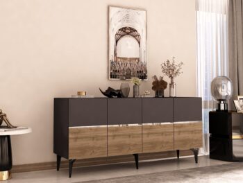 Komoda RONDO – Luxusné a priestranné úložné riešenie pre obývaciu izbuKomoda RONDO prináša do vašej obývačky nádych luxusu a elegancie. Jej široký dizajn so štyrmi plnými dvierkami ponúka dostatok úložného priestoru pre všetky vaše potreby, či už ide o knihy, dekorácie alebo iné predmety. Kombinácia antracitovej, orechovej a zlatej farby dodáva interiéru sofistikovaný vzhľad.S rozmermi 79 x 150 x 40 cm je komoda RONDO ideálnou voľbou pre každého, kto hľadá priestranné a zároveň štýlové úložné riešenie. Vyrobená z kvalitného LTD materiálu s hrúbkou 18 mm, zaisťuje pevnosť a dlhú životnosť. Plastové nožičky poskytujú stabilitu a chránia podlahu pred poškriabaním.Hlavné vlastnosti:Typ tovaru: KomodaMateriál: LTDRozmer: 79 x 150 x 40 cmVybavenie: Dvierka plnéŠtýl: LuxusnéVzhľad: ŠirokáPočet dvierok: 4Dodatočné informácie: Dodávame v demonte, plastové nožičkyFarba: Antracit + orech + striebroKomoda RONDO je dodávaná v demontovanom stave s priloženým návodom na jednoduchú montáž. Tento luxusný a praktický kus nábytku je ideálny pre každú modernú obývaciu izbu, ktorá hľadá kombináciu štýlu a funkčnosti.
