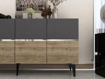 Komoda RONDO – Luxusné a priestranné úložné riešenie pre obývaciu izbuKomoda RONDO prináša do vašej obývačky nádych luxusu a elegancie. Jej široký dizajn so štyrmi plnými dvierkami ponúka dostatok úložného priestoru pre všetky vaše potreby, či už ide o knihy, dekorácie alebo iné predmety. Kombinácia antracitovej, orechovej a zlatej farby dodáva interiéru sofistikovaný vzhľad.S rozmermi 79 x 150 x 40 cm je komoda RONDO ideálnou voľbou pre každého, kto hľadá priestranné a zároveň štýlové úložné riešenie. Vyrobená z kvalitného LTD materiálu s hrúbkou 18 mm, zaisťuje pevnosť a dlhú životnosť. Plastové nožičky poskytujú stabilitu a chránia podlahu pred poškriabaním.Hlavné vlastnosti:Typ tovaru: KomodaMateriál: LTDRozmer: 79 x 150 x 40 cmVybavenie: Dvierka plnéŠtýl: LuxusnéVzhľad: ŠirokáPočet dvierok: 4Dodatočné informácie: Dodávame v demonte, plastové nožičkyFarba: Antracit + orech + striebroKomoda RONDO je dodávaná v demontovanom stave s priloženým návodom na jednoduchú montáž. Tento luxusný a praktický kus nábytku je ideálny pre každú modernú obývaciu izbu, ktorá hľadá kombináciu štýlu a funkčnosti.