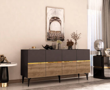 Komoda RONDO – Luxusné a priestranné úložné riešenie pre obývaciu izbuKomoda RONDO prináša do vašej obývačky nádych luxusu a elegancie. Jej široký dizajn so štyrmi plnými dvierkami ponúka dostatok úložného priestoru pre všetky vaše potreby, či už ide o knihy, dekorácie alebo iné predmety. Kombinácia antracitovej, orechovej a zlatej farby dodáva interiéru sofistikovaný vzhľad.S rozmermi 79 x 150 x 40 cm je komoda RONDO ideálnou voľbou pre každého, kto hľadá priestranné a zároveň štýlové úložné riešenie. Vyrobená z kvalitného LTD materiálu s hrúbkou 18 mm, zaisťuje pevnosť a dlhú životnosť. Plastové nožičky poskytujú stabilitu a chránia podlahu pred poškriabaním.Hlavné vlastnosti:Typ tovaru: KomodaMateriál: LTDRozmer: 79 x 150 x 40 cmVybavenie: Dvierka plnéŠtýl: LuxusnéVzhľad: ŠirokáPočet dvierok: 4Dodatočné informácie: Dodávame v demonte, plastové nožičkyFarba: Antracit + orech + zlatoKomoda RONDO je dodávaná v demontovanom stave s priloženým návodom na jednoduchú montáž. Tento luxusný a praktický kus nábytku je ideálny pre každú modernú obývaciu izbu, ktorá hľadá kombináciu štýlu a funkčnosti.