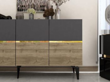 Komoda RONDO – Luxusné a priestranné úložné riešenie pre obývaciu izbuKomoda RONDO prináša do vašej obývačky nádych luxusu a elegancie. Jej široký dizajn so štyrmi plnými dvierkami ponúka dostatok úložného priestoru pre všetky vaše potreby, či už ide o knihy, dekorácie alebo iné predmety. Kombinácia antracitovej, orechovej a zlatej farby dodáva interiéru sofistikovaný vzhľad.S rozmermi 79 x 150 x 40 cm je komoda RONDO ideálnou voľbou pre každého, kto hľadá priestranné a zároveň štýlové úložné riešenie. Vyrobená z kvalitného LTD materiálu s hrúbkou 18 mm, zaisťuje pevnosť a dlhú životnosť. Plastové nožičky poskytujú stabilitu a chránia podlahu pred poškriabaním.Hlavné vlastnosti:Typ tovaru: KomodaMateriál: LTDRozmer: 79 x 150 x 40 cmVybavenie: Dvierka plnéŠtýl: LuxusnéVzhľad: ŠirokáPočet dvierok: 4Dodatočné informácie: Dodávame v demonte, plastové nožičkyFarba: Antracit + orech + zlatoKomoda RONDO je dodávaná v demontovanom stave s priloženým návodom na jednoduchú montáž. Tento luxusný a praktický kus nábytku je ideálny pre každú modernú obývaciu izbu, ktorá hľadá kombináciu štýlu a funkčnosti.