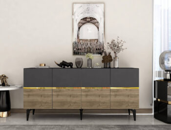 Komoda RONDO – Luxusné a priestranné úložné riešenie pre obývaciu izbuKomoda RONDO prináša do vašej obývačky nádych luxusu a elegancie. Jej široký dizajn so štyrmi plnými dvierkami ponúka dostatok úložného priestoru pre všetky vaše potreby, či už ide o knihy, dekorácie alebo iné predmety. Kombinácia antracitovej, orechovej a zlatej farby dodáva interiéru sofistikovaný vzhľad.S rozmermi 79 x 150 x 40 cm je komoda RONDO ideálnou voľbou pre každého, kto hľadá priestranné a zároveň štýlové úložné riešenie. Vyrobená z kvalitného LTD materiálu s hrúbkou 18 mm, zaisťuje pevnosť a dlhú životnosť. Plastové nožičky poskytujú stabilitu a chránia podlahu pred poškriabaním.Hlavné vlastnosti:Typ tovaru: KomodaMateriál: LTDRozmer: 79 x 150 x 40 cmVybavenie: Dvierka plnéŠtýl: LuxusnéVzhľad: ŠirokáPočet dvierok: 4Dodatočné informácie: Dodávame v demonte, plastové nožičkyFarba: Antracit + orech + zlatoKomoda RONDO je dodávaná v demontovanom stave s priloženým návodom na jednoduchú montáž. Tento luxusný a praktický kus nábytku je ideálny pre každú modernú obývaciu izbu, ktorá hľadá kombináciu štýlu a funkčnosti.