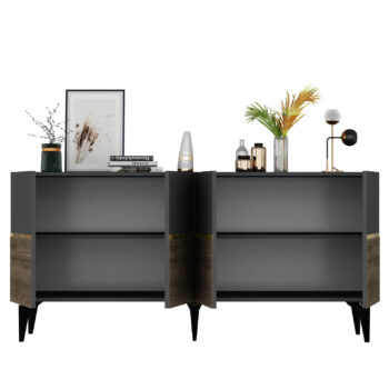 Komoda RONDO – Luxusné a priestranné úložné riešenie pre obývaciu izbuKomoda RONDO prináša do vašej obývačky nádych luxusu a elegancie. Jej široký dizajn so štyrmi plnými dvierkami ponúka dostatok úložného priestoru pre všetky vaše potreby, či už ide o knihy, dekorácie alebo iné predmety. Kombinácia antracitovej, orechovej a zlatej farby dodáva interiéru sofistikovaný vzhľad.S rozmermi 79 x 150 x 40 cm je komoda RONDO ideálnou voľbou pre každého, kto hľadá priestranné a zároveň štýlové úložné riešenie. Vyrobená z kvalitného LTD materiálu s hrúbkou 18 mm, zaisťuje pevnosť a dlhú životnosť. Plastové nožičky poskytujú stabilitu a chránia podlahu pred poškriabaním.Hlavné vlastnosti:Typ tovaru: KomodaMateriál: LTDRozmer: 79 x 150 x 40 cmVybavenie: Dvierka plnéŠtýl: LuxusnéVzhľad: ŠirokáPočet dvierok: 4Dodatočné informácie: Dodávame v demonte, plastové nožičkyFarba: Antracit + orech + zlatoKomoda RONDO je dodávaná v demontovanom stave s priloženým návodom na jednoduchú montáž. Tento luxusný a praktický kus nábytku je ideálny pre každú modernú obývaciu izbu, ktorá hľadá kombináciu štýlu a funkčnosti.