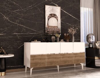 Komoda RONDO – Luxusné a priestranné úložné riešenie pre obývaciu izbuKomoda RONDO prináša do vašej obývačky nádych luxusu a elegancie. Jej široký dizajn so štyrmi plnými dvierkami ponúka dostatok úložného priestoru pre všetky vaše potreby, či už ide o knihy, dekorácie alebo iné predmety. Kombinácia antracitovej, orechovej a zlatej farby dodáva interiéru sofistikovaný vzhľad.S rozmermi 79 x 150 x 40 cm je komoda RONDO ideálnou voľbou pre každého, kto hľadá priestranné a zároveň štýlové úložné riešenie. Vyrobená z kvalitného LTD materiálu s hrúbkou 18 mm, zaisťuje pevnosť a dlhú životnosť. Plastové nožičky poskytujú stabilitu a chránia podlahu pred poškriabaním.Hlavné vlastnosti:Typ tovaru: KomodaMateriál: LTDRozmer: 79 x 150 x 40 cmVybavenie: Dvierka plnéŠtýl: LuxusnéVzhľad: ŠirokáPočet dvierok: 4Dodatočné informácie: Dodávame v demonte, plastové nožičkyFarba: Biela + orech + striebroKomoda RONDO je dodávaná v demontovanom stave s priloženým návodom na jednoduchú montáž. Tento luxusný a praktický kus nábytku je ideálny pre každú modernú obývaciu izbu, ktorá hľadá kombináciu štýlu a funkčnosti.