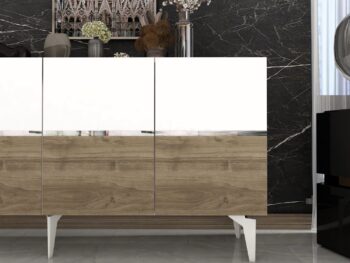 Komoda RONDO – Luxusné a priestranné úložné riešenie pre obývaciu izbuKomoda RONDO prináša do vašej obývačky nádych luxusu a elegancie. Jej široký dizajn so štyrmi plnými dvierkami ponúka dostatok úložného priestoru pre všetky vaše potreby, či už ide o knihy, dekorácie alebo iné predmety. Kombinácia antracitovej, orechovej a zlatej farby dodáva interiéru sofistikovaný vzhľad.S rozmermi 79 x 150 x 40 cm je komoda RONDO ideálnou voľbou pre každého, kto hľadá priestranné a zároveň štýlové úložné riešenie. Vyrobená z kvalitného LTD materiálu s hrúbkou 18 mm, zaisťuje pevnosť a dlhú životnosť. Plastové nožičky poskytujú stabilitu a chránia podlahu pred poškriabaním.Hlavné vlastnosti:Typ tovaru: KomodaMateriál: LTDRozmer: 79 x 150 x 40 cmVybavenie: Dvierka plnéŠtýl: LuxusnéVzhľad: ŠirokáPočet dvierok: 4Dodatočné informácie: Dodávame v demonte, plastové nožičkyFarba: Biela + orech + striebroKomoda RONDO je dodávaná v demontovanom stave s priloženým návodom na jednoduchú montáž. Tento luxusný a praktický kus nábytku je ideálny pre každú modernú obývaciu izbu, ktorá hľadá kombináciu štýlu a funkčnosti.