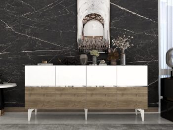 Komoda RONDO – Luxusné a priestranné úložné riešenie pre obývaciu izbuKomoda RONDO prináša do vašej obývačky nádych luxusu a elegancie. Jej široký dizajn so štyrmi plnými dvierkami ponúka dostatok úložného priestoru pre všetky vaše potreby, či už ide o knihy, dekorácie alebo iné predmety. Kombinácia antracitovej, orechovej a zlatej farby dodáva interiéru sofistikovaný vzhľad.S rozmermi 79 x 150 x 40 cm je komoda RONDO ideálnou voľbou pre každého, kto hľadá priestranné a zároveň štýlové úložné riešenie. Vyrobená z kvalitného LTD materiálu s hrúbkou 18 mm, zaisťuje pevnosť a dlhú životnosť. Plastové nožičky poskytujú stabilitu a chránia podlahu pred poškriabaním.Hlavné vlastnosti:Typ tovaru: KomodaMateriál: LTDRozmer: 79 x 150 x 40 cmVybavenie: Dvierka plnéŠtýl: LuxusnéVzhľad: ŠirokáPočet dvierok: 4Dodatočné informácie: Dodávame v demonte, plastové nožičkyFarba: Biela + orech + striebroKomoda RONDO je dodávaná v demontovanom stave s priloženým návodom na jednoduchú montáž. Tento luxusný a praktický kus nábytku je ideálny pre každú modernú obývaciu izbu, ktorá hľadá kombináciu štýlu a funkčnosti.