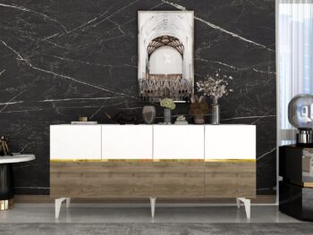Komoda RONDO – Luxusné a priestranné úložné riešenie pre obývaciu izbuKomoda RONDO prináša do vašej obývačky nádych luxusu a elegancie. Jej široký dizajn so štyrmi plnými dvierkami ponúka dostatok úložného priestoru pre všetky vaše potreby, či už ide o knihy, dekorácie alebo iné predmety. Kombinácia antracitovej, orechovej a zlatej farby dodáva interiéru sofistikovaný vzhľad.S rozmermi 79 x 150 x 40 cm je komoda RONDO ideálnou voľbou pre každého, kto hľadá priestranné a zároveň štýlové úložné riešenie. Vyrobená z kvalitného LTD materiálu s hrúbkou 18 mm, zaisťuje pevnosť a dlhú životnosť. Plastové nožičky poskytujú stabilitu a chránia podlahu pred poškriabaním.Hlavné vlastnosti:Typ tovaru: KomodaMateriál: LTDRozmer: 79 x 150 x 40 cmVybavenie: Dvierka plnéŠtýl: LuxusnéVzhľad: ŠirokáPočet dvierok: 4Dodatočné informácie: Dodávame v demonte, plastové nožičkyFarba: Biela + orech + zlatoKomoda RONDO je dodávaná v demontovanom stave s priloženým návodom na jednoduchú montáž. Tento luxusný a praktický kus nábytku je ideálny pre každú modernú obývaciu izbu, ktorá hľadá kombináciu štýlu a funkčnosti.