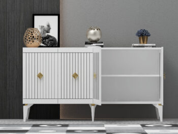 Komoda ROSE – Luxusné a priestranné úložné riešenie pre obývaciu izbuKomod ROSE je ideálnym doplnkom pre každú modernú obývaciu izbu. Jej široký dizajn a elegantná kombinácia antracitovej a zlatej farby dodávajú interiéru luxusný vzhľad. iné predmety.S rozmermi 79 x 150 x 40 cm je komoda ROSE nielen štýlová, ale aj praktická. Vyrobená z kvalitného LTD materiálu s hrúbkou 18 mm, zaručuje pevnosť a dlhú životnosť. Plastové úchytky a plastové nožičky pridávajú moderný vzhľad a zaisťujú stabilitu.Hlavné vlastnosti:Typ tovaru: KomodaMateriál: LTDRozmer: 79 x 150 x 40 cmVybavenie: Dvierka plnéŠtýl: LuxusnéVzhľad: ŠirokáPočet dvierok: 4Úchytky: PlastovéHrúbka materiálu: 18 mmDodatočné informácie: Dodávame v demonte, plastové nožičkyFarba: Biela + zlatoKomoda ROSE je dodávaná v demontovanom stave s priloženým návodom na jednoduchú montáž. Vďaka plastovým nožičkám je stabilný a chráni podlahu pred poškriabaním. Tento luxusný a praktický kus nábytku je ideálny pre každého, kto hľadá štýlové a funkčné úložné riešenie pre svoju obývačku.
