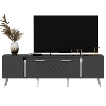 TV stolík RUBY - luxusný doplnok pre vašu obývaciu izbuTV stolík RUBY predstavuje dokonalé spojenie elegancie a funkčnosti. Je navrhnutý tak, aby sa stal výrazným prvkom vašej obývačky, a jeho luxusný štýl dodá interiéru nádych sofistikovanosti.Vyrobený z kvalitného LTD materiálu s hrúbkou 18 mm, TV stolík RUBY zaisťuje vysokú pevnosť a dlhú životnosť. Je vybavený praktickou skrinkou s jednými dvierkami, ktorá poskytuje dostatok úložného priestoru pre vaše multimediálne zariadenia a ďalšie potreby. Štýlové plastové úchytky vynikajú svojou jednoduchosťou a jednoduchou manipuláciou.Hlavné vlastnosti produktu:Typ tovaru: TV stolíkVhodné do miestnosti: obývacia izbaMateriál: LTDRozmery: 48.2 x 150 x 35 cmFarba: antracit + striebornáVybavenie: skrinkaŠtýl: luxusnéPočet dvierok: 1Úchytky: plastDodatočné informácie: Dodávame v demonte, plastové nožičkyTV stolík RUBY je dodávaný v demontovanom stave, čo uľahčuje prepravu a montáž. Plastové nožičky zaisťujú stabilitu a chránia podlahu pred poškodením.