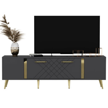 TV stolík RUBY - luxusný doplnok pre vašu obývaciu izbuTV stolík RUBY predstavuje dokonalé spojenie elegancie a funkčnosti. Je navrhnutý tak, aby sa stal výrazným prvkom vašej obývačky, a jeho luxusný štýl dodá interiéru nádych sofistikovanosti.Vyrobený z kvalitného LTD materiálu s hrúbkou 18 mm, TV stolík RUBY zaisťuje vysokú pevnosť a dlhú životnosť. Je vybavený praktickou skrinkou s jednými dvierkami, ktorá poskytuje dostatok úložného priestoru pre vaše multimediálne zariadenia a ďalšie potreby. Štýlové plastové úchytky vynikajú svojou jednoduchosťou a jednoduchou manipuláciou.Hlavné vlastnosti produktu:Typ tovaru: TV stolíkVhodné do miestnosti: obývacia izbaMateriál: LTDRozmery: 48.2 x 150 x 35 cmFarba: antracit + zlatáVybavenie: skrinkaŠtýl: luxusnéPočet dvierok: 1Úchytky: plastDodatočné informácie: Dodávame v demonte, plastové nožičkyTV stolík RUBY je dodávaný v demontovanom stave, čo uľahčuje prepravu a montáž. Plastové nožičky zaisťujú stabilitu a chránia podlahu pred poškodením.