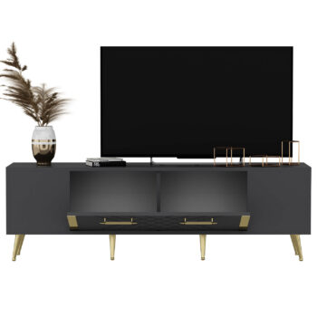 TV stolík RUBY - luxusný doplnok pre vašu obývaciu izbuTV stolík RUBY predstavuje dokonalé spojenie elegancie a funkčnosti. Je navrhnutý tak, aby sa stal výrazným prvkom vašej obývačky, a jeho luxusný štýl dodá interiéru nádych sofistikovanosti.Vyrobený z kvalitného LTD materiálu s hrúbkou 18 mm, TV stolík RUBY zaisťuje vysokú pevnosť a dlhú životnosť. Je vybavený praktickou skrinkou s jednými dvierkami, ktorá poskytuje dostatok úložného priestoru pre vaše multimediálne zariadenia a ďalšie potreby. Štýlové plastové úchytky vynikajú svojou jednoduchosťou a jednoduchou manipuláciou.Hlavné vlastnosti produktu:Typ tovaru: TV stolíkVhodné do miestnosti: obývacia izbaMateriál: LTDRozmery: 48.2 x 150 x 35 cmFarba: antracit + zlatáVybavenie: skrinkaŠtýl: luxusnéPočet dvierok: 1Úchytky: plastDodatočné informácie: Dodávame v demonte, plastové nožičkyTV stolík RUBY je dodávaný v demontovanom stave, čo uľahčuje prepravu a montáž. Plastové nožičky zaisťujú stabilitu a chránia podlahu pred poškodením.