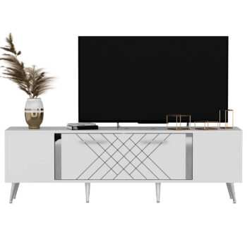 TV stolík RUBY - luxusný doplnok pre vašu obývaciu izbuTV stolík RUBY predstavuje dokonalé spojenie elegancie a funkčnosti. Je navrhnutý tak, aby sa stal výrazným prvkom vašej obývačky, a jeho luxusný štýl dodá interiéru nádych sofistikovanosti.Vyrobený z kvalitného LTD materiálu s hrúbkou 18 mm, TV stolík RUBY zaisťuje vysokú pevnosť a dlhú životnosť. Je vybavený praktickou skrinkou s jednými dvierkami, ktorá poskytuje dostatok úložného priestoru pre vaše multimediálne zariadenia a ďalšie potreby. Štýlové plastové úchytky vynikajú svojou jednoduchosťou a jednoduchou manipuláciou.Hlavné vlastnosti produktu:Typ tovaru: TV stolíkVhodné do miestnosti: obývacia izbaMateriál: LTDRozmery: 48.2 x 150 x 35 cmFarba: biela +striebornáVybavenie: skrinkaŠtýl: luxusnéPočet dvierok: 1Úchytky: plastDodatočné informácie: Dodávame v demonte, plastové nožičkyTV stolík RUBY je dodávaný v demontovanom stave, čo uľahčuje prepravu a montáž. Plastové nožičky zaisťujú stabilitu a chránia podlahu pred poškodením.