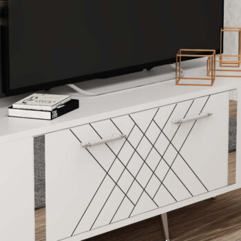 TV stolík RUBY - luxusný doplnok pre vašu obývaciu izbuTV stolík RUBY predstavuje dokonalé spojenie elegancie a funkčnosti. Je navrhnutý tak, aby sa stal výrazným prvkom vašej obývačky, a jeho luxusný štýl dodá interiéru nádych sofistikovanosti.Vyrobený z kvalitného LTD materiálu s hrúbkou 18 mm, TV stolík RUBY zaisťuje vysokú pevnosť a dlhú životnosť. Je vybavený praktickou skrinkou s jednými dvierkami, ktorá poskytuje dostatok úložného priestoru pre vaše multimediálne zariadenia a ďalšie potreby. Štýlové plastové úchytky vynikajú svojou jednoduchosťou a jednoduchou manipuláciou.Hlavné vlastnosti produktu:Typ tovaru: TV stolíkVhodné do miestnosti: obývacia izbaMateriál: LTDRozmery: 48.2 x 150 x 35 cmFarba: biela +striebornáVybavenie: skrinkaŠtýl: luxusnéPočet dvierok: 1Úchytky: plastDodatočné informácie: Dodávame v demonte, plastové nožičkyTV stolík RUBY je dodávaný v demontovanom stave, čo uľahčuje prepravu a montáž. Plastové nožičky zaisťujú stabilitu a chránia podlahu pred poškodením.