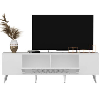 TV stolík RUBY - luxusný doplnok pre vašu obývaciu izbuTV stolík RUBY predstavuje dokonalé spojenie elegancie a funkčnosti. Je navrhnutý tak, aby sa stal výrazným prvkom vašej obývačky, a jeho luxusný štýl dodá interiéru nádych sofistikovanosti.Vyrobený z kvalitného LTD materiálu s hrúbkou 18 mm, TV stolík RUBY zaisťuje vysokú pevnosť a dlhú životnosť. Je vybavený praktickou skrinkou s jednými dvierkami, ktorá poskytuje dostatok úložného priestoru pre vaše multimediálne zariadenia a ďalšie potreby. Štýlové plastové úchytky vynikajú svojou jednoduchosťou a jednoduchou manipuláciou.Hlavné vlastnosti produktu:Typ tovaru: TV stolíkVhodné do miestnosti: obývacia izbaMateriál: LTDRozmery: 48.2 x 150 x 35 cmFarba: biela +striebornáVybavenie: skrinkaŠtýl: luxusnéPočet dvierok: 1Úchytky: plastDodatočné informácie: Dodávame v demonte, plastové nožičkyTV stolík RUBY je dodávaný v demontovanom stave, čo uľahčuje prepravu a montáž. Plastové nožičky zaisťujú stabilitu a chránia podlahu pred poškodením.