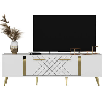 TV stolík RUBY - luxusný doplnok pre vašu obývaciu izbuTV stolík RUBY predstavuje dokonalé spojenie elegancie a funkčnosti. Je navrhnutý tak, aby sa stal výrazným prvkom vašej obývačky, a jeho luxusný štýl dodá interiéru nádych sofistikovanosti.Vyrobený z kvalitného LTD materiálu s hrúbkou 18 mm, TV stolík RUBY zaisťuje vysokú pevnosť a dlhú životnosť. Je vybavený praktickou skrinkou s jednými dvierkami, ktorá poskytuje dostatok úložného priestoru pre vaše multimediálne zariadenia a ďalšie potreby. Štýlové plastové úchytky vynikajú svojou jednoduchosťou a jednoduchou manipuláciou.Hlavné vlastnosti produktu:Typ tovaru: TV stolíkVhodné do miestnosti: obývacia izbaMateriál: LTDRozmery: 48.2 x 150 x 35 cmFarba: biela + zlatáVybavenie: skrinkaŠtýl: luxusnéPočet dvierok: 1Úchytky: plastDodatočné informácie: Dodávame v demonte, plastové nožičkyTV stolík RUBY je dodávaný v demontovanom stave, čo uľahčuje prepravu a montáž. Plastové nožičky zaisťujú stabilitu a chránia podlahu pred poškodením.