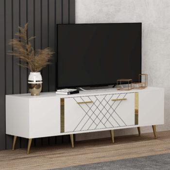 TV stolík RUBY - luxusný doplnok pre vašu obývaciu izbuTV stolík RUBY predstavuje dokonalé spojenie elegancie a funkčnosti. Je navrhnutý tak, aby sa stal výrazným prvkom vašej obývačky, a jeho luxusný štýl dodá interiéru nádych sofistikovanosti.Vyrobený z kvalitného LTD materiálu s hrúbkou 18 mm, TV stolík RUBY zaisťuje vysokú pevnosť a dlhú životnosť. Je vybavený praktickou skrinkou s jednými dvierkami, ktorá poskytuje dostatok úložného priestoru pre vaše multimediálne zariadenia a ďalšie potreby. Štýlové plastové úchytky vynikajú svojou jednoduchosťou a jednoduchou manipuláciou.Hlavné vlastnosti produktu:Typ tovaru: TV stolíkVhodné do miestnosti: obývacia izbaMateriál: LTDRozmery: 48.2 x 150 x 35 cmFarba: biela + zlatáVybavenie: skrinkaŠtýl: luxusnéPočet dvierok: 1Úchytky: plastDodatočné informácie: Dodávame v demonte, plastové nožičkyTV stolík RUBY je dodávaný v demontovanom stave, čo uľahčuje prepravu a montáž. Plastové nožičky zaisťujú stabilitu a chránia podlahu pred poškodením.