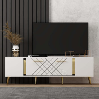 TV stolík RUBY - luxusný doplnok pre vašu obývaciu izbuTV stolík RUBY predstavuje dokonalé spojenie elegancie a funkčnosti. Je navrhnutý tak, aby sa stal výrazným prvkom vašej obývačky, a jeho luxusný štýl dodá interiéru nádych sofistikovanosti.Vyrobený z kvalitného LTD materiálu s hrúbkou 18 mm, TV stolík RUBY zaisťuje vysokú pevnosť a dlhú životnosť. Je vybavený praktickou skrinkou s jednými dvierkami, ktorá poskytuje dostatok úložného priestoru pre vaše multimediálne zariadenia a ďalšie potreby. Štýlové plastové úchytky vynikajú svojou jednoduchosťou a jednoduchou manipuláciou.Hlavné vlastnosti produktu:Typ tovaru: TV stolíkVhodné do miestnosti: obývacia izbaMateriál: LTDRozmery: 48.2 x 150 x 35 cmFarba: biela + zlatáVybavenie: skrinkaŠtýl: luxusnéPočet dvierok: 1Úchytky: plastDodatočné informácie: Dodávame v demonte, plastové nožičkyTV stolík RUBY je dodávaný v demontovanom stave, čo uľahčuje prepravu a montáž. Plastové nožičky zaisťujú stabilitu a chránia podlahu pred poškodením.