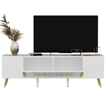 TV stolík RUBY - luxusný doplnok pre vašu obývaciu izbuTV stolík RUBY predstavuje dokonalé spojenie elegancie a funkčnosti. Je navrhnutý tak, aby sa stal výrazným prvkom vašej obývačky, a jeho luxusný štýl dodá interiéru nádych sofistikovanosti.Vyrobený z kvalitného LTD materiálu s hrúbkou 18 mm, TV stolík RUBY zaisťuje vysokú pevnosť a dlhú životnosť. Je vybavený praktickou skrinkou s jednými dvierkami, ktorá poskytuje dostatok úložného priestoru pre vaše multimediálne zariadenia a ďalšie potreby. Štýlové plastové úchytky vynikajú svojou jednoduchosťou a jednoduchou manipuláciou.Hlavné vlastnosti produktu:Typ tovaru: TV stolíkVhodné do miestnosti: obývacia izbaMateriál: LTDRozmery: 48.2 x 150 x 35 cmFarba: biela + zlatáVybavenie: skrinkaŠtýl: luxusnéPočet dvierok: 1Úchytky: plastDodatočné informácie: Dodávame v demonte, plastové nožičkyTV stolík RUBY je dodávaný v demontovanom stave, čo uľahčuje prepravu a montáž. Plastové nožičky zaisťujú stabilitu a chránia podlahu pred poškodením.