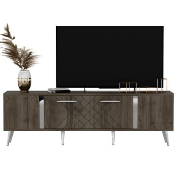 TV stolík RUBY - luxusný doplnok pre vašu obývaciu izbuTV stolík RUBY predstavuje dokonalé spojenie elegancie a funkčnosti. Je navrhnutý tak, aby sa stal výrazným prvkom vašej obývačky, a jeho luxusný štýl dodá interiéru nádych sofistikovanosti.Vyrobený z kvalitného LTD materiálu s hrúbkou 18 mm, TV stolík RUBY zaisťuje vysokú pevnosť a dlhú životnosť. Je vybavený praktickou skrinkou s jednými dvierkami, ktorá poskytuje dostatok úložného priestoru pre vaše multimediálne zariadenia a ďalšie potreby. Štýlové plastové úchytky vynikajú svojou jednoduchosťou a jednoduchou manipuláciou.Hlavné vlastnosti produktu:Typ tovaru: TV stolíkVhodné do miestnosti: obývacia izbaMateriál: LTDRozmery: 48.2 x 150 x 35 cmFarba: orech + striebornáVybavenie: skrinkaŠtýl: luxusnéPočet dvierok: 1Úchytky: plastDodatočné informácie: Dodávame v demonte, plastové nožičkyTV stolík RUBY je dodávaný v demontovanom stave, čo uľahčuje prepravu a montáž. Plastové nožičky zaisťujú stabilitu a chránia podlahu pred poškodením.