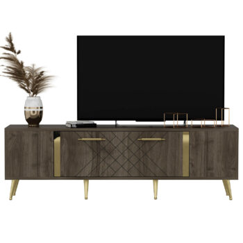TV stolík RUBY - luxusný doplnok pre vašu obývaciu izbuTV stolík RUBY predstavuje dokonalé spojenie elegancie a funkčnosti. Je navrhnutý tak, aby sa stal výrazným prvkom vašej obývačky, a jeho luxusný štýl dodá interiéru nádych sofistikovanosti.Vyrobený z kvalitného LTD materiálu s hrúbkou 18 mm, TV stolík RUBY zaisťuje vysokú pevnosť a dlhú životnosť. Je vybavený praktickou skrinkou s jednými dvierkami, ktorá poskytuje dostatok úložného priestoru pre vaše multimediálne zariadenia a ďalšie potreby. Štýlové plastové úchytky vynikajú svojou jednoduchosťou a jednoduchou manipuláciou.Hlavné vlastnosti produktu:Typ tovaru: TV stolíkVhodné do miestnosti: obývacia izbaMateriál: LTDRozmery: 48.2 x 150 x 35 cmFarba: orech + zlatáVybavenie: skrinkaŠtýl: luxusnéPočet dvierok: 1Úchytky: plastDodatočné informácie: Dodávame v demonte, plastové nožičkyTV stolík RUBY je dodávaný v demontovanom stave, čo uľahčuje prepravu a montáž. Plastové nožičky zaisťujú stabilitu a chránia podlahu pred poškodením.