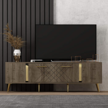 TV stolík RUBY - luxusný doplnok pre vašu obývaciu izbuTV stolík RUBY predstavuje dokonalé spojenie elegancie a funkčnosti. Je navrhnutý tak, aby sa stal výrazným prvkom vašej obývačky, a jeho luxusný štýl dodá interiéru nádych sofistikovanosti.Vyrobený z kvalitného LTD materiálu s hrúbkou 18 mm, TV stolík RUBY zaisťuje vysokú pevnosť a dlhú životnosť. Je vybavený praktickou skrinkou s jednými dvierkami, ktorá poskytuje dostatok úložného priestoru pre vaše multimediálne zariadenia a ďalšie potreby. Štýlové plastové úchytky vynikajú svojou jednoduchosťou a jednoduchou manipuláciou.Hlavné vlastnosti produktu:Typ tovaru: TV stolíkVhodné do miestnosti: obývacia izbaMateriál: LTDRozmery: 48.2 x 150 x 35 cmFarba: orech + zlatáVybavenie: skrinkaŠtýl: luxusnéPočet dvierok: 1Úchytky: plastDodatočné informácie: Dodávame v demonte, plastové nožičkyTV stolík RUBY je dodávaný v demontovanom stave, čo uľahčuje prepravu a montáž. Plastové nožičky zaisťujú stabilitu a chránia podlahu pred poškodením.