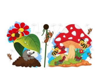 Radostná farebná nálepka na stenu krtko a muchotrávka 60 x 120 cm