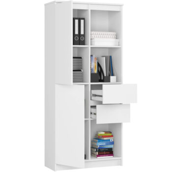ADI80: Elegancia a funkcionalita v čisto bielom prevedení Regál ADI80 sa stane skvostom vášho interiéru vďaka jeho minimalistickému a elegantnému dizajnu v čisto bielom prevedení. Tento regál predstavuje dokonalú kombináciu formy a funkcie, vhodnú pre obývaciu izbu, kanceláriu či pracovňu. Regál ADI80 ponúka dostatok úložného priestoru pre knihy, dokumenty a ďalšie predmety. Je ideálny pre tých, ktorí hľadajú efektívne riešenie úložného priestoru s moderným vzhľadom.  Materiál: LTD pre dlhú životnosť a odolnosť voči opotrebovaniu Farba : čisto biela pre svieži a moderný vzhľad Rozmer: 180 x 80 x 35 cm Vybavenie: 2 zásuvky, dvierka plné (skrinka) a celkom 7 políc  Objavte kúzlo jednoduchosti a elegancie s regálom  ADI80. Nechajte svoj interiér žiariť sviežosťou a poriadkom.