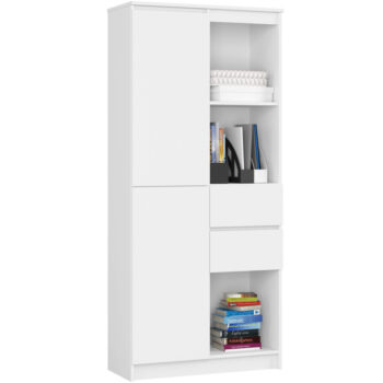 ADI80: Elegancia a funkcionalita v čisto bielom prevedení Regál ADI80 sa stane skvostom vášho interiéru vďaka jeho minimalistickému a elegantnému dizajnu v čisto bielom prevedení. Tento regál predstavuje dokonalú kombináciu formy a funkcie, vhodnú pre obývaciu izbu, kanceláriu či pracovňu. Regál ADI80 ponúka dostatok úložného priestoru pre knihy, dokumenty a ďalšie predmety. Je ideálny pre tých, ktorí hľadajú efektívne riešenie úložného priestoru s moderným vzhľadom.  Materiál: LTD pre dlhú životnosť a odolnosť voči opotrebovaniu Farba : čisto biela pre svieži a moderný vzhľad Rozmer: 180 x 80 x 35 cm Vybavenie: 2 zásuvky, dvierka plné (skrinka) a celkom 7 políc  Objavte kúzlo jednoduchosti a elegancie s regálom  ADI80. Nechajte svoj interiér žiariť sviežosťou a poriadkom.