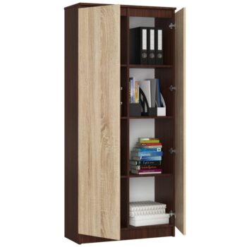 ANNI80: Perfektná kombinácia wenge a duba Sonoma ANNI80 ponúka unikátnu dizajnovú kombináciu temného odtieňa wenge a prírodného duba Sonoma. Tento regál je ideálnym riešením pre tých, ktorí hľadajú štýlový a praktický nábytok, ktorý skvele zapadne ako do obývačky, tak aj do kancelárie či pracovne. Detaily produktu:  Materiál: LTD - zaručuje dlhú životnosť a vysokú odolnosť. Rozmery: 180 x 80 x 35 cm - ponúka dostatok úložného priestoru bez toho, aby pôsobil príliš objemne. Farba: pôsobivá kombinácia wenge s dotykom dubu Sonoma. Vybavenie: celkom < strong>8 políc pre vaše knihy a dekorácie, doplnené o uzatvárateľnú skrinku s dvierkami pre väčšie predmety či dokumenty.  Regál ANNI80 je viac než len knižnica. Je to kúsok nábytku, ktorý prináša eleganciu a funkčnosť do vášho života. Vďaka jeho dizajnu a farebnej kombinácii sa stane stredobodom akejkoľvek miestnosti.