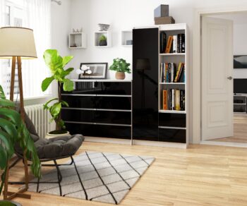 AURA80: Luxusný regál s čiernym leskom pre elegantné interiéry Hľadáte úložné riešenie, ktoré kombinuje moderný dizajn s praktickosťou? AURA80 je regál, ktorý v sebe skvele spája estetickú krásu s úžitkovou hodnotou. Toto úložné riešenie je ideálne pre všetkých, ktorí chcú do svojej obývačky, kancelárie či pracovne vniesť dotyk elegancie a modernosti. Regál je vyvedený v klasickej bielej farbe, ktorú dokonale dopĺňa oslnivý čierny lesk. Tento kontrast dodáva regálu sofistikovaný vzhľad a robí ho výrazným prvkom v každom interiéri. Lesklý dekor navyše zvýrazňuje luxusný charakter produktu.  Materiál: LTD Farba: biela s čiernym leskom Dekor: lesk Rozmer: 180 x 80 x 35 cm Vybavenie: 2 zásuvky, dvierka plné (skrinka) a 7 políc  AURA80 vás nadchne nielen svojim vzhľadom, ale aj svojou funkcionalitou. Sedem políc, dve zásuvky a priestranná skrinka ponúka dostatok miesta pre všetko, čo chcete mať po ruke a zároveň usporiadané. Objavte kúzlo