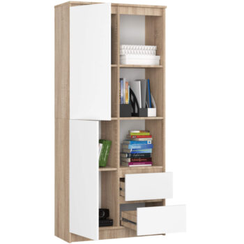 Regál AURA80: Elegantná knižnica pre moderný interiér Uvedieme vás k AURA80, skvelý regál, ktorý kombinuje funkčnosť s nezameniteľným dizajnom. Perfektná voľba pre obývaciu izbu, kancelária či pracovňu. Dajte svojim knihám a dekoráciám to najlepšie miesto, ktoré si zaslúžia. Z kvalitného materiálu LTD, regál AURA80 vyniká svojim dlhodobým výkonom. Moderná kombinácia dubu Sonoma a bielej farby dodáva vášmu priestoru svieži a nadčasový vzhľad.  Rozmery: 180 x 80 x 35 cm  Počet políc: 7 - veľa priestoru na uloženie vašich obľúbených kníh, suvenírov a iných predmetov. Praktické vybavenie: 2 zásuvky pre ľahké uloženie menších vecí, dvierka plné (skrinka) pre väčšie predmety a 6 ďalších policiek pre flexibilné usporiadanie.  Transformujte svoj interiér s < strong>AURA80 a vytvorte útulný a zároveň elegantný priestor, v ktorom budete chcieť tráviť čas!