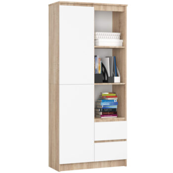 Regál AURA80: Elegantná knižnica pre moderný interiér Uvedieme vás k AURA80, skvelý regál, ktorý kombinuje funkčnosť s nezameniteľným dizajnom. Perfektná voľba pre obývaciu izbu, kancelária či pracovňu. Dajte svojim knihám a dekoráciám to najlepšie miesto, ktoré si zaslúžia. Z kvalitného materiálu LTD, regál AURA80 vyniká svojim dlhodobým výkonom. Moderná kombinácia dubu Sonoma a bielej farby dodáva vášmu priestoru svieži a nadčasový vzhľad.  Rozmery: 180 x 80 x 35 cm  Počet políc: 7 - veľa priestoru na uloženie vašich obľúbených kníh, suvenírov a iných predmetov. Praktické vybavenie: 2 zásuvky pre ľahké uloženie menších vecí, dvierka plné (skrinka) pre väčšie predmety a 6 ďalších policiek pre flexibilné usporiadanie.  Transformujte svoj interiér s < strong>AURA80 a vytvorte útulný a zároveň elegantný priestor, v ktorom budete chcieť tráviť čas!