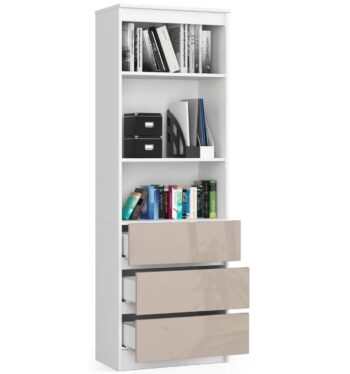 CLAUDY60: Štýlový regál s kombináciou bielej a capuccino lesku Dajte svojmu interiéru moderný vzhľad s regálom CLAUDY60. Elegantná kombinácia bielej a capuccino lesku dodá vašej obývačke, kancelárii alebo pracovne luxusný nádych.  Typ tovaru: Regál, knižnica  Miestnosť: Vhodné do obývacej izby, kancelárie či pracovne Materiál: LTD Rozmer: 180 x 60 x 35 cm Farba: biela + capuccino lesk Dekor: lesk  Vybavenie: 3 zásuvky a 3 police  Regál CLAUDY60 nie je len funkčným kúskom nábytku, ale aj skvelým doplnkom, ktorý podčiarkne charakter vášho domova. p>