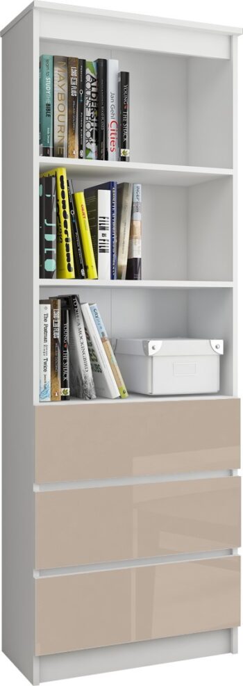CLAUDY60: Štýlový regál s kombináciou bielej a capuccino lesku Dajte svojmu interiéru moderný vzhľad s regálom CLAUDY60. Elegantná kombinácia bielej a capuccino lesku dodá vašej obývačke, kancelárii alebo pracovne luxusný nádych.  Typ tovaru: Regál, knižnica  Miestnosť: Vhodné do obývacej izby, kancelárie či pracovne Materiál: LTD Rozmer: 180 x 60 x 35 cm Farba: biela + capuccino lesk Dekor: lesk  Vybavenie: 3 zásuvky a 3 police  Regál CLAUDY60 nie je len funkčným kúskom nábytku, ale aj skvelým doplnkom, ktorý podčiarkne charakter vášho domova. p>