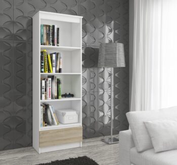 THANE60: Elegantný regál v kombinácii bielej a dubu Sonoma Regál THANE60 spája klasickú eleganciu dreveného dekoru duba Sonoma s moderným vzhľadom čistej bielej. Tento jedinečný dizajnový prvok z neho robí dokonalú voľbu pre každú obývaciu izbu, kanceláriu či pracovňu.  Typ tovaru: Regál, knižnica Miestnosť: Vhodné do obývacej izby, kancelárie či pracovne Materiál: LTD Rozmer: 180 x 60 x 35 cm Farba: biela + dub Sonoma Vybavenie: 1 zásuvka a 4 police < /ul> Zariaďte svoj interiér regálom THANE60, ktorý kombinuje funkčnosť s moderným dizajnom, aby poskytoval štýl a praktickosť v jednom.