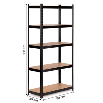 Regál čiernej farby s 5 policami  Hĺbka 30 cm