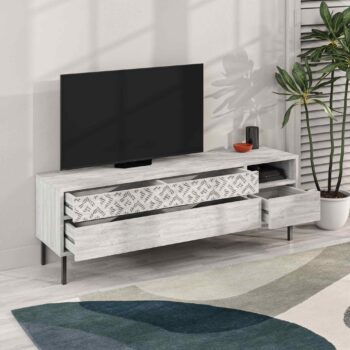 TV Stolík SACHI: Retro elegancia v antickej bielej Introdukujte nádych vintage do svojej obývačky s TV stolom SACHI. Vytvorený s ohľadom na retro štýl, tento stolík kombinuje estetiku minulých čias s modernou funkcionalitou, aby poskytol štýlové a praktické riešenie pre vaše multimediálne potreby.  Typ tovaru: TV stolík  Materiál: Vysoká kvalita melamínu, VT laminátu doplnená kovovými detailom Rozmery: 48.4 x 144.6 x 35.6 cm Farba: Elegantná antická biela Vybavenie: Tri zásuvky pre úložný priestor a regál pre ľahký prístup k vašim obľúbeným položkám Štýl: Vintage a retro Tvar: Klasický obdĺžnikový s rovnými líniami Hrúbka materiálu:< /strong> Odolných 18mm  So TV stolom SACHI prineste do svojej obývačky nádych nostalgie a elegancii, ktorá pretrvala generácia. Retro design a praktickosť v jednom.