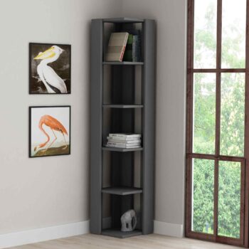 PANDO - Moderný rohový regál pre elegantnú obývaciu izbu Typ: Regál, knižnica Materiál: Vysoko kvalitný melamín a VT laminát Rozmer: 161 x 34 x 34 cm, ideálne sa hodí do rohu vašej obývačky Farba: Temný antracit - dodá vášmu interiéru hĺbku a moderný vzhľad  Vybavenie: 4 políc, poskytujú dostatok miesta pre knihy, dekorácie a osobné predmety < strong>Štýl: Moderný a praktický dizajn Tvar: Rohový - optimalizuje priestor a využije každý kút vašej izby Hrúbka materiálu : 18mm - zaisťuje stabilitu a dlhú životnosť  Transformujte svoju obývaciu izbu s rohovým regálom PANDO v antracitovom prevedení. Moderný, funkčný a estetický.