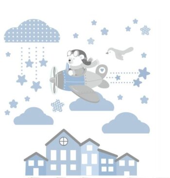 Rozprávková modrá nálepka na stenu lietajúci psík 60 x 120 cm