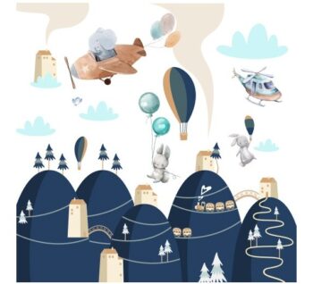 Roztomilá veľká detská nálepka na stenu s kopcami a cestovateľmi 120 x 240 cm