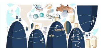 Roztomilá veľká detská nálepka na stenu s kopcami a cestovateľmi 120 x 240 cm