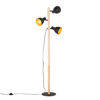 Rustikálna stojaca lampa čierna s dreveným povrchom 3-svetlo - Flint
